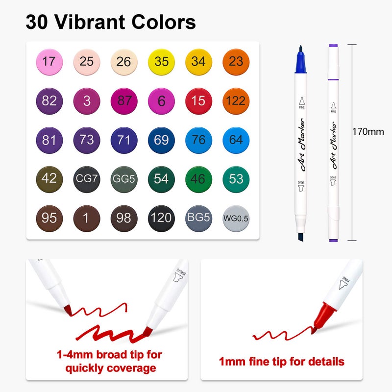 Lelix 30 Colors Art Markers, Dual Tip Permanent Marker Pens Highlighters Perfect for Kids Adults Artist Drawing Sketching Card Making & Coloring Books - Image 3